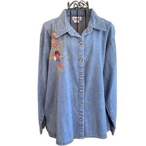 Blair Vintage 90's Denim Long Shirt Embroidered flowers Split Hem Women Size XL